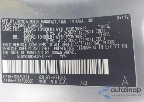 2012 Toyota Sienna Xle V6 8 Passenger z USA, uszkodzony, nr VIN 5TDYK3DC4CS245890